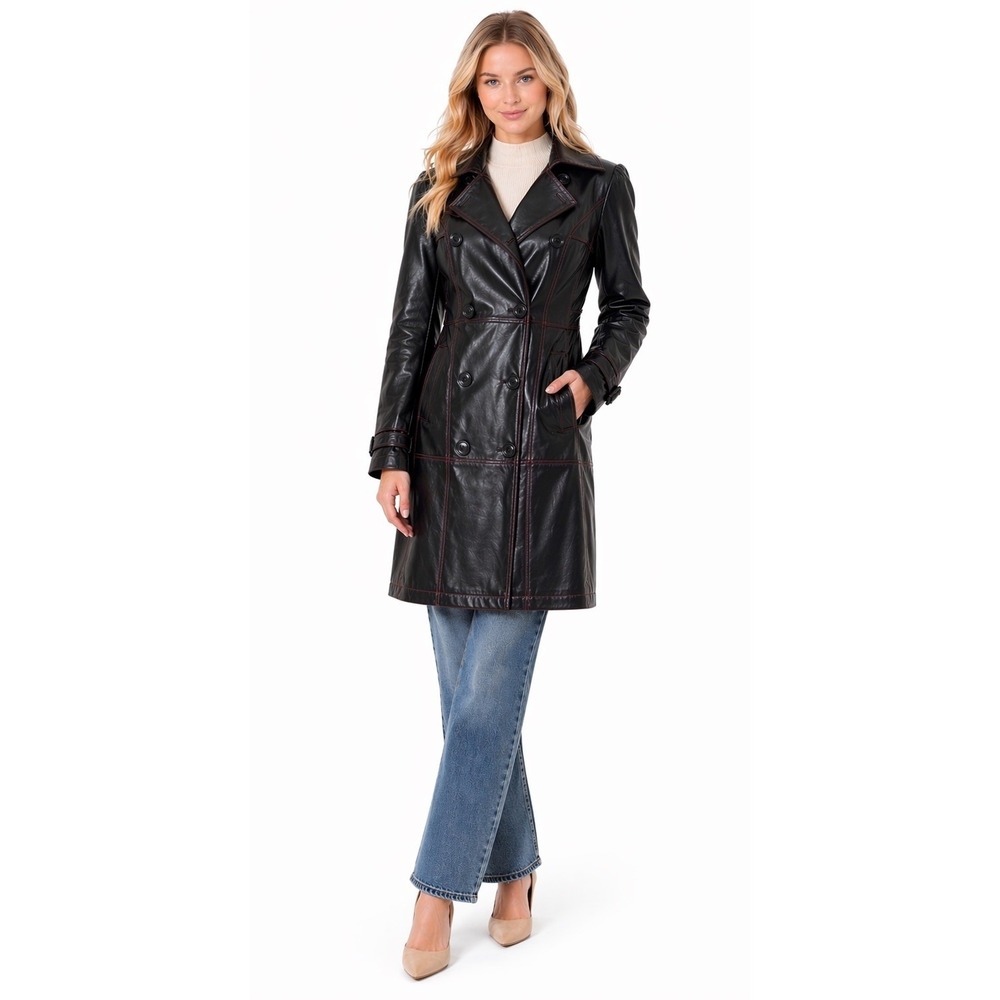 Vtg Victoria's Secret Moda Intl Trench Coat 4 Black Leather Pink Stitching Chic‎